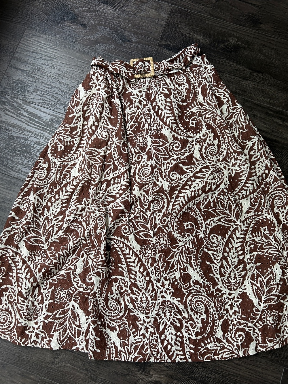 Zara Brown and White Paisley A-Line Skirt with Waist Tie